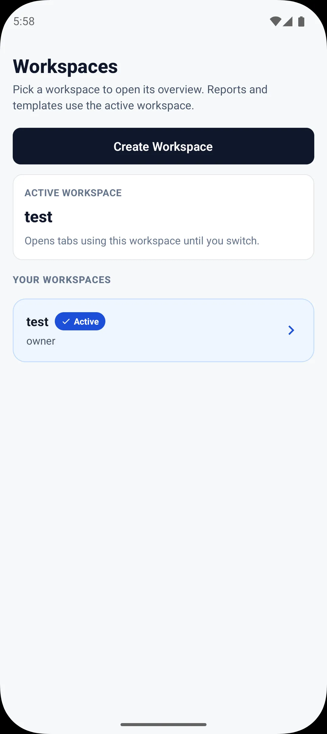 Inspec Pro workspaces screen listing workspaces and creation options