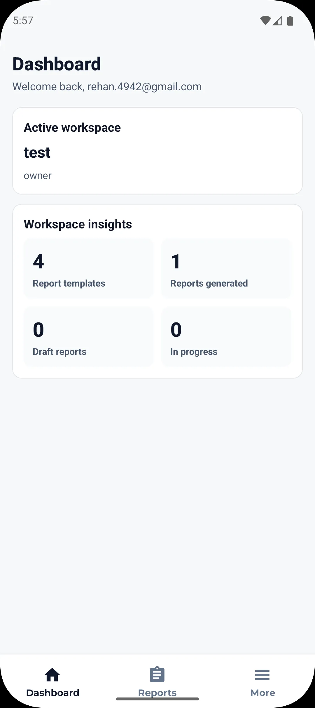 Inspec Pro Dashboard screen showing workspace summary and insight tiles