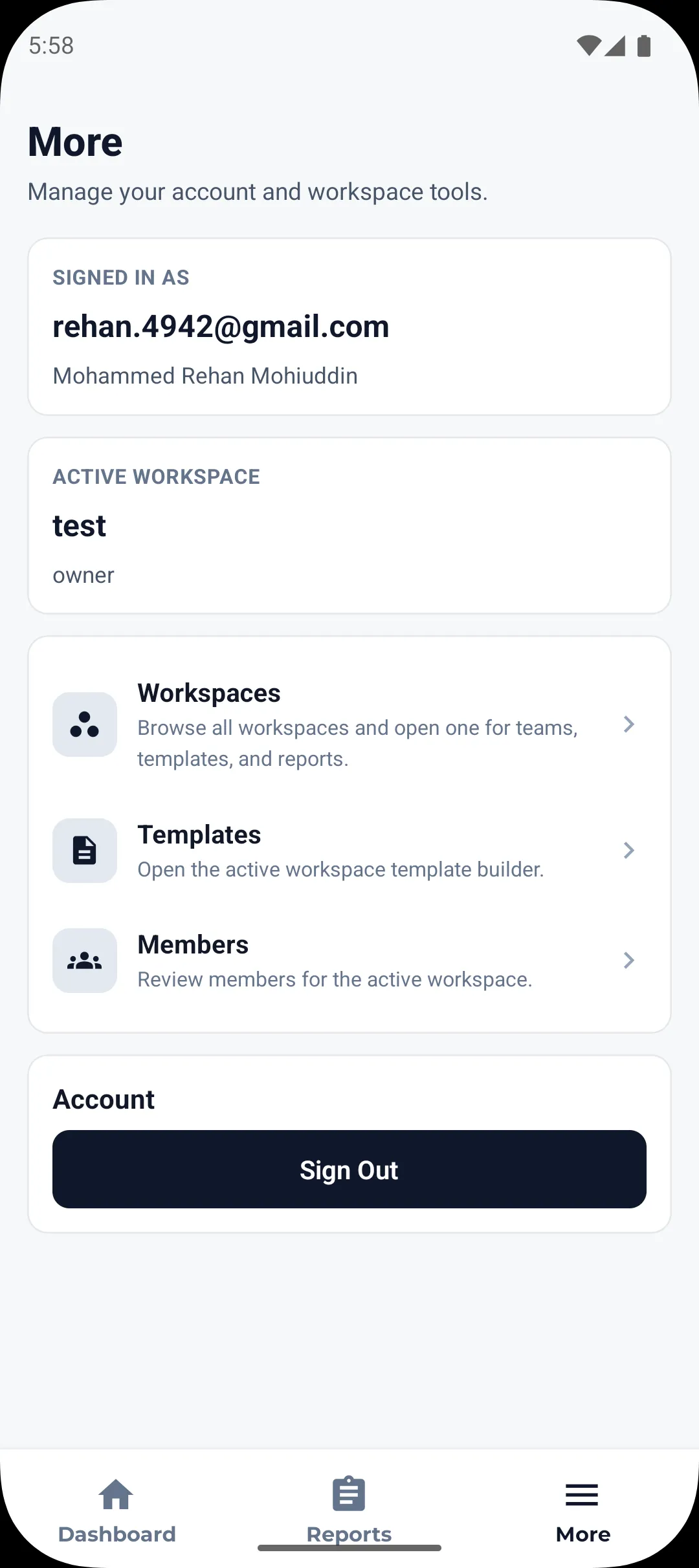 Inspec Pro app screen showing templates and workspace-related navigation